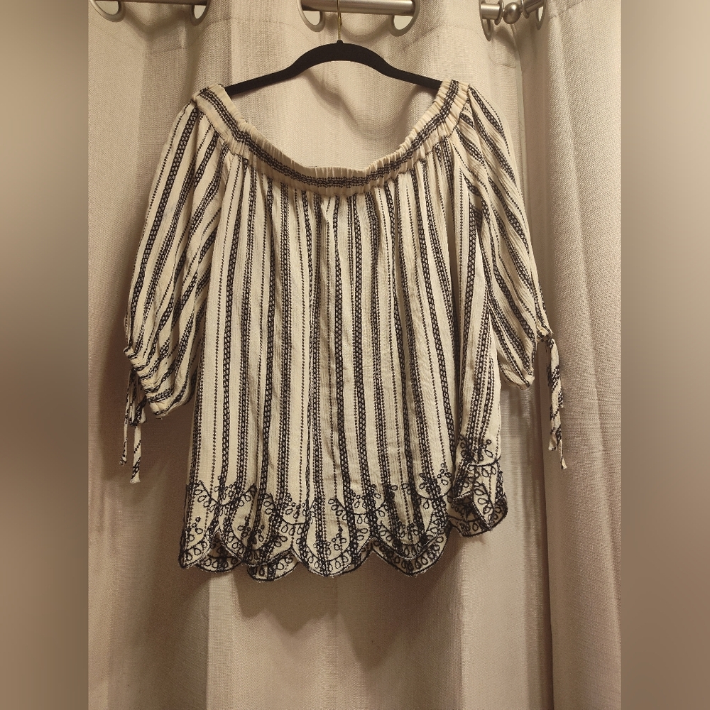 Blue Rain Womens Cream Black Striped Off The Shoulder Tie Sleeve Blouse Size M